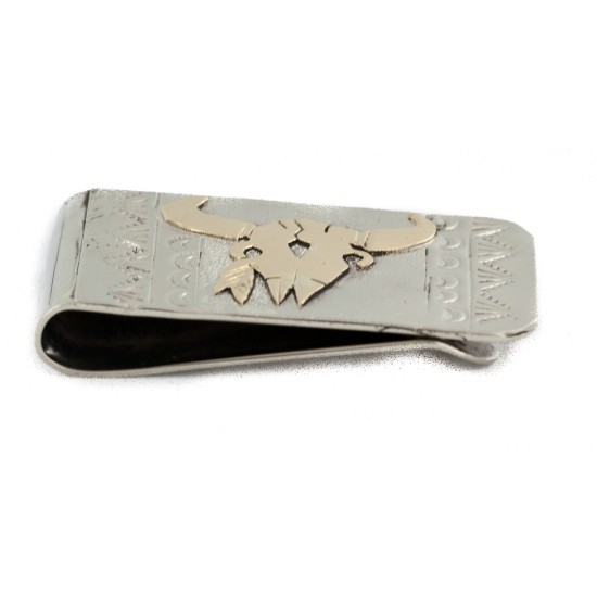 Certified Authentic 12kt Gold Filled and .925 Sterling Silver Bull Skull Handmade Navajo Native American Money Clip 11254