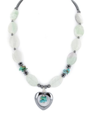 Certified Authentic Heart Navajo .925 Sterling Silver Natural Turquoise Hematite Green Quartz Native American Necklace 25293