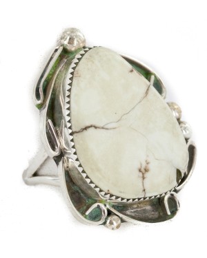 Handmade .925 Sterling Silver Certified Authentic Navajo Natural White Buffalo Native American Ring  17025-1
