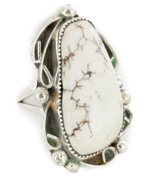 Handmade Certified Authentic Navajo .925 Sterling Silver Natural White Buffalo Native American Ring  17024-1