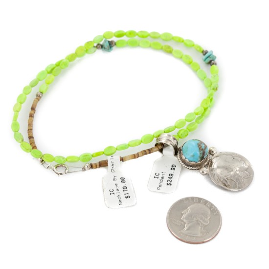 Vintage Style Buffalo Nickel .925 Sterling Silver Certified Authentic Navajo Natural Turquoise Gaspeite Native American Necklace 14343-40-1570