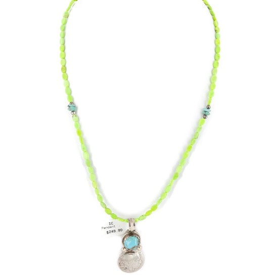 Vintage Style Buffalo Nickel .925 Sterling Silver Certified Authentic Navajo Natural Turquoise Gaspeite Native American Necklace 14343-40-1570