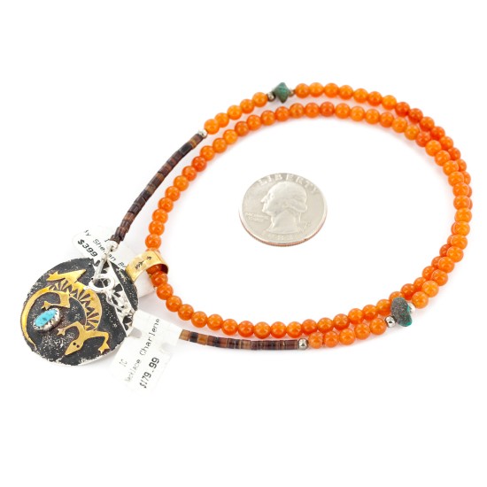 12kt Gold Filled .925 Sterling Silver Gecko Handmade Certified Authentic Navajo Natural Turquoise Carnelian Native American Necklace 14456-15163