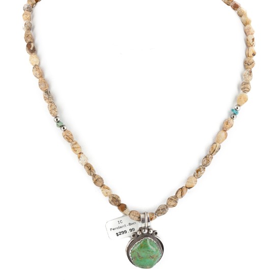 .925 Sterling Silver Certified Authentic Navajo Natural Turquoise and Jasper Native American Necklace 740104-14-1585