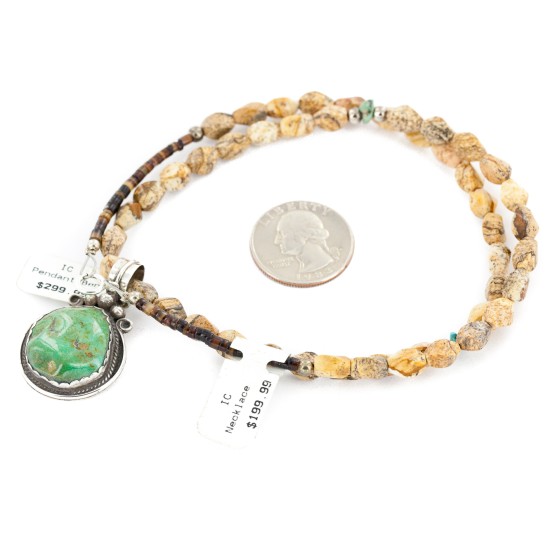 .925 Sterling Silver Certified Authentic Navajo Natural Turquoise and Jasper Native American Necklace 740104-14-1585