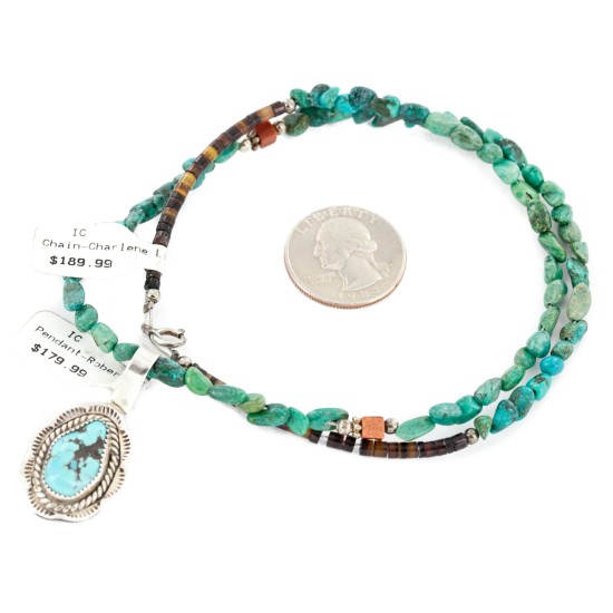 .925 Sterling Silver Handmade Certified Authentic Navajo Natural Turquoise Goldstone Native American Necklace 15065-24-15851