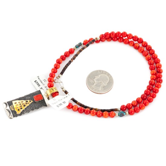 12kt Gold Filled and .925 Sterling Silver Arrowhead Handmade Certified Authentic Navajo Coral Natural Turquoise Native American Necklace 24298-105-15930-5