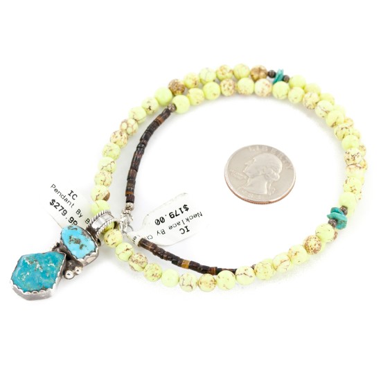 .925 Sterling Silver Certified Authentic Navajo Natural Turquoise Gaspeite Native American Necklace 14297-11-1570