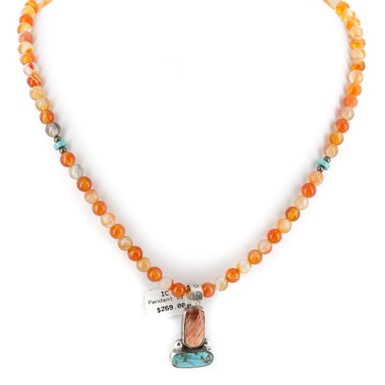 .925 Sterling Silver Certified Authentic Navajo Natural Turquoise Carnelian and Spiny Oyster Native American Necklace 14164-1-15338