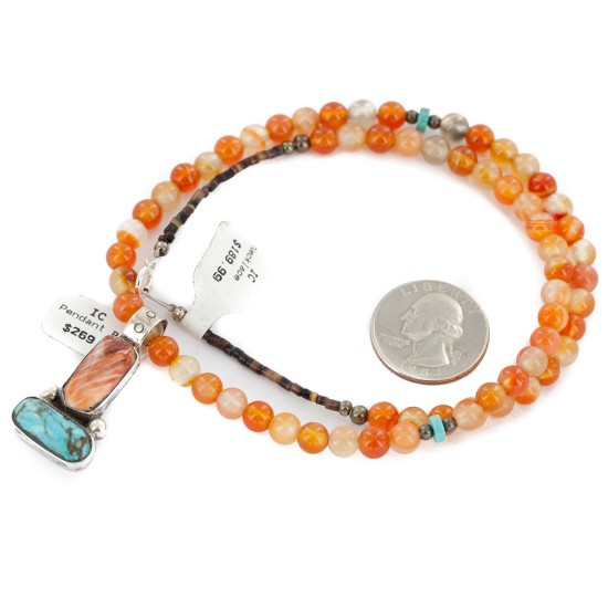 .925 Sterling Silver Certified Authentic Navajo Natural Turquoise Carnelian and Spiny Oyster Native American Necklace 14164-1-15338