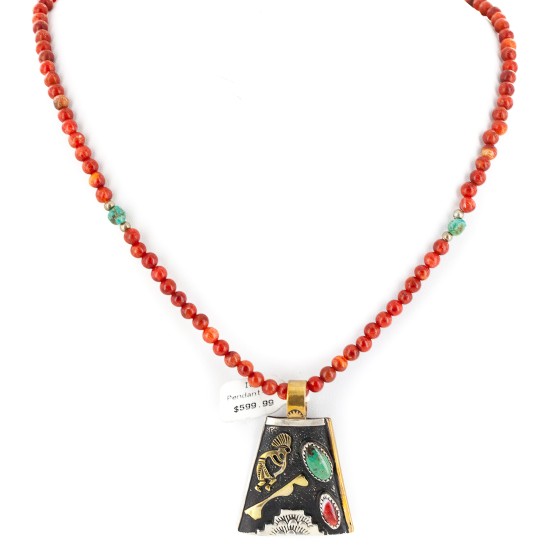 12kt Gold Filled and .925 Sterling Silver Kokopelli Handmade Certified Authentic Navajo Coral Turquoise Spiny Oyster Native American Necklace 24145-15780