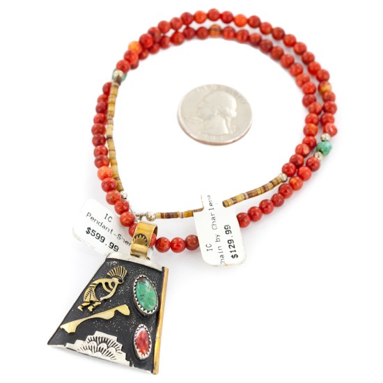 12kt Gold Filled and .925 Sterling Silver Kokopelli Handmade Certified Authentic Navajo Coral Turquoise Spiny Oyster Native American Necklace 24145-15780