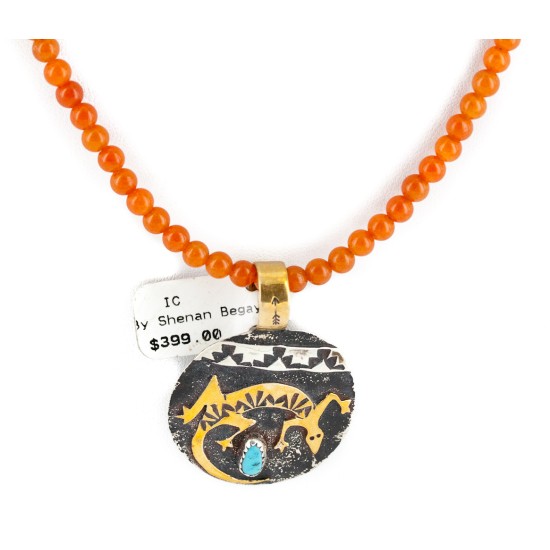 12kt Gold Filled .925 Sterling Silver Gecko Handmade Certified Authentic Navajo Natural Turquoise Carnelian Native American Necklace 14456-15163