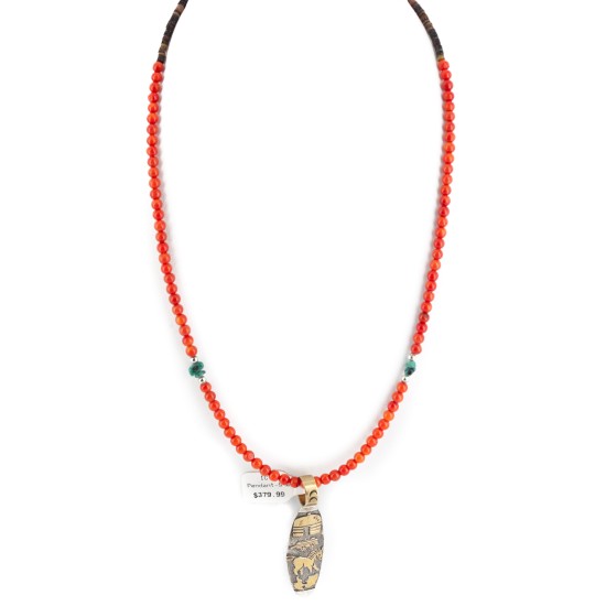 12kt Gold Filled .925 Sterling Silver Storyteller Handmade Certified Authentic Navajo Natural Turquoise Coral Native American Necklace 24252-4-15884-2