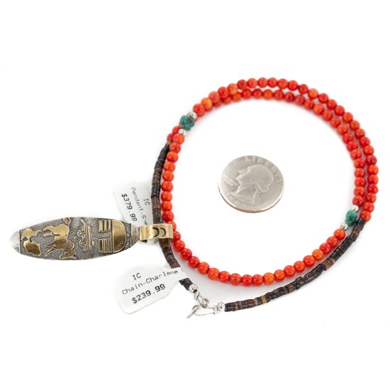 12kt Gold Filled .925 Sterling Silver Storyteller Handmade Certified Authentic Navajo Natural Turquoise Coral Native American Necklace 24252-4-15884-2