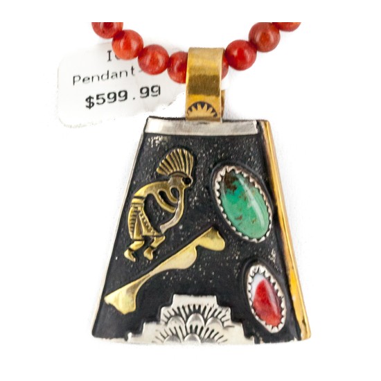 12kt Gold Filled and .925 Sterling Silver Kokopelli Handmade Certified Authentic Navajo Coral Turquoise Spiny Oyster Native American Necklace 24145-15780