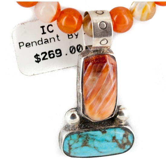 .925 Sterling Silver Certified Authentic Navajo Natural Turquoise Carnelian and Spiny Oyster Native American Necklace 14164-1-15338