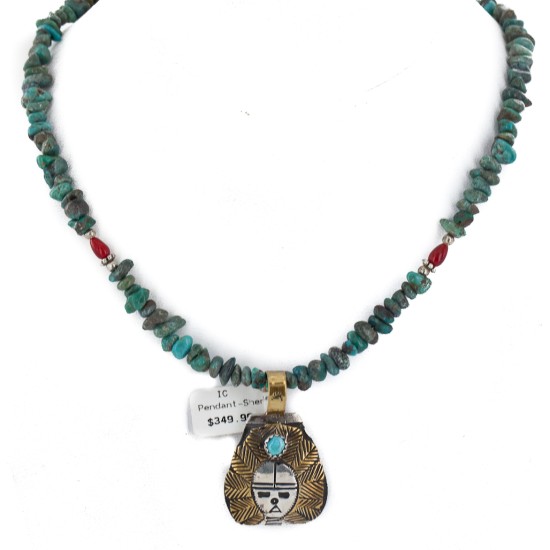 Face 12kt Gold Filled and .925 Sterling Silver Buffalo Handmade Certified Authentic Navajo Turquoise Coral Native American Necklace 24328-3-15979-2