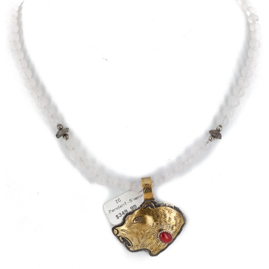 12kt Gold Filled .925 Sterling Silver Bear Head Handmade Certified Authentic Navajo Natural Turquoise Coral Quartz Native American Necklace 24171-15786