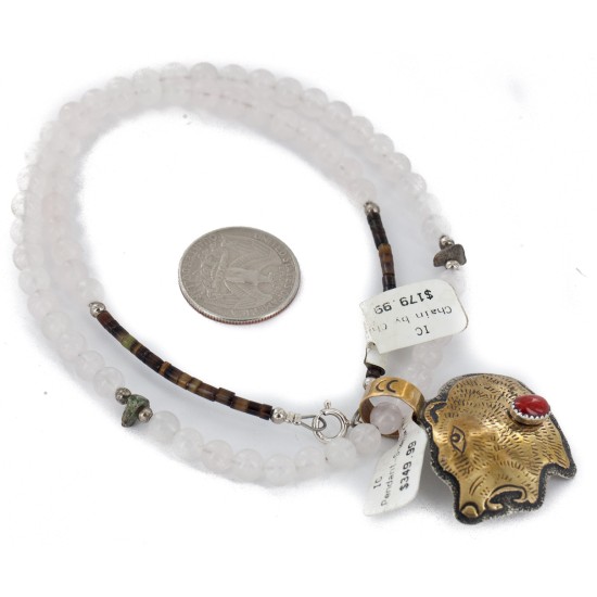 12kt Gold Filled .925 Sterling Silver Bear Head Handmade Certified Authentic Navajo Natural Turquoise Coral Quartz Native American Necklace 24171-15786