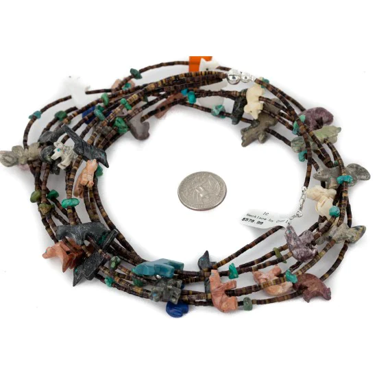 Carved Animal Large 5 Strand Navajo .925 Sterling Silver Natural Turquoise Multicolor Stones Native American Necklace 25297 Carved Animal Large 5 Strand Navajo .925 Sterling Silver Natural Turquoise Multicolor Stones Native American Necklace 25297