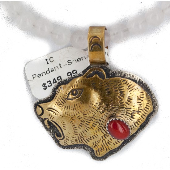 12kt Gold Filled .925 Sterling Silver Bear Head Handmade Certified Authentic Navajo Natural Turquoise Coral Quartz Native American Necklace 24171-15786