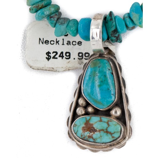 .925 Sterling Silver Certified Authentic Navajo Natural Turquoise Native American Necklace 1579-14869