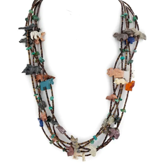 Carved Animal Large 5 Strand Navajo .925 Sterling Silver Natural Turquoise Multicolor Stones Native American Necklace 25297 Carved Animal Large 5 Strand Navajo .925 Sterling Silver Natural Turquoise Multicolor Stones Native American Necklace 25297