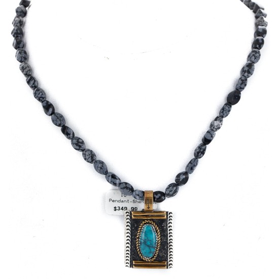 12kt Gold Filled and .925 Sterling Silver Handmade Certified Authentic Navajo Natural Blue Diamond Turquoise and Snowflake Obsidian Native American Necklace 740103-25-10225