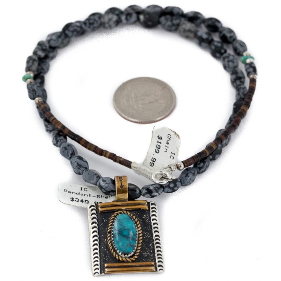 12kt Gold Filled and .925 Sterling Silver Handmade Certified Authentic Navajo Natural Blue Diamond Turquoise and Snowflake Obsidian Native American Necklace 740103-25-10225