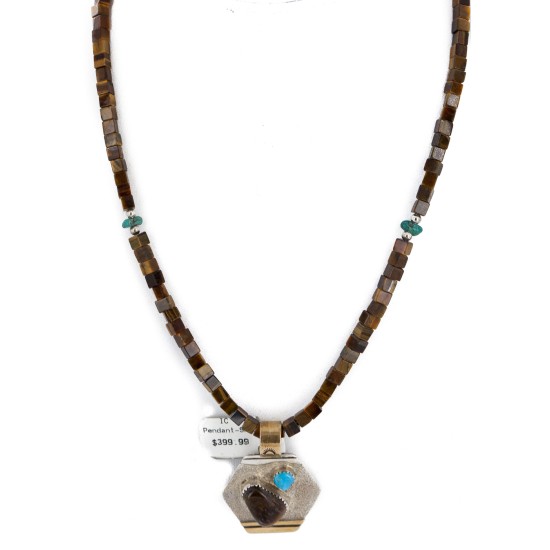 12kt Gold Filled and .925 Sterling Silver Handmade Certified Authentic Navajo Natural Tigers Eye and Turquoise Native American Necklace 740100-13-790100