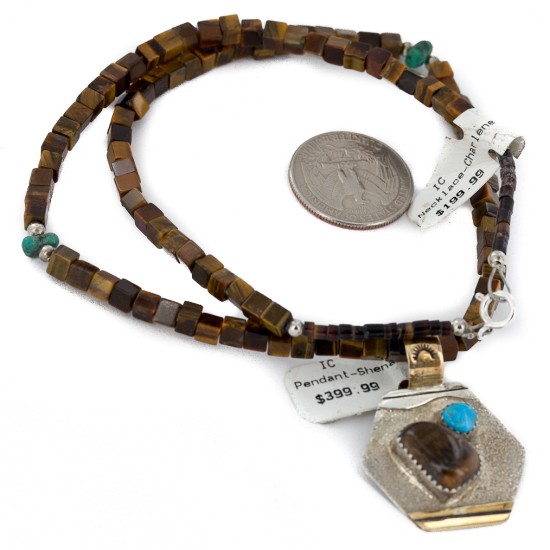 12kt Gold Filled and .925 Sterling Silver Handmade Certified Authentic Navajo Natural Tigers Eye and Turquoise Native American Necklace 740100-13-790100