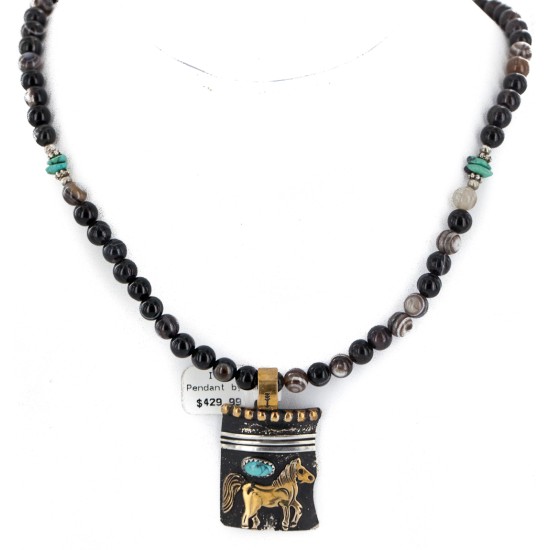 12kt Gold Filled and .925 Sterling Silver Handmade Certified Authentic Horse Navajo Natural Agate and Turquoise Native American Necklace 15036-2-15814