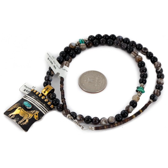 12kt Gold Filled and .925 Sterling Silver Handmade Certified Authentic Horse Navajo Natural Agate and Turquoise Native American Necklace 15036-2-15814