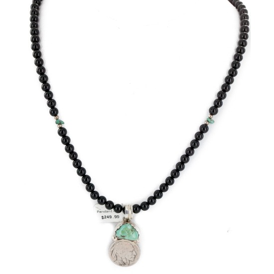 Vintage Style Buffalo Nickel .925 Sterling Silver Certified Authentic Navajo Natural Black Onyx Turquoise Native American Necklace 740105-5-102247