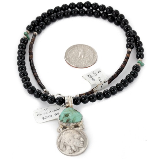 Vintage Style Buffalo Nickel .925 Sterling Silver Certified Authentic Navajo Natural Black Onyx Turquoise Native American Necklace 740105-5-102247