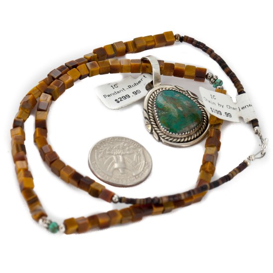 .925 Sterling Silver Handmade Certified Authentic Navajo Natural Turquoise and Tigers Eye Native American Necklace 14863-1-10225