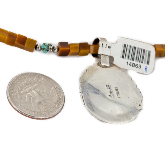 .925 Sterling Silver Handmade Certified Authentic Navajo Natural Turquoise and Tigers Eye Native American Necklace 14863-1-10225