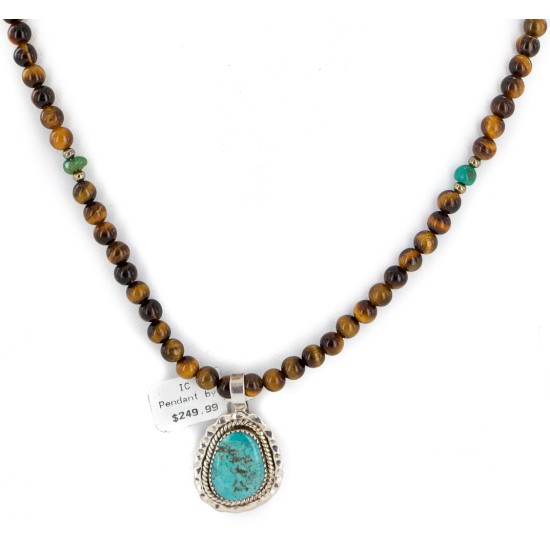 .925 Sterling Silver Handmade Certified Authentic Navajo Natural Tigers Eye Turquoise Native American Necklace 12554-8-10225