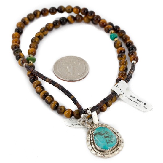 .925 Sterling Silver Handmade Certified Authentic Navajo Natural Tigers Eye Turquoise Native American Necklace 12554-8-10225