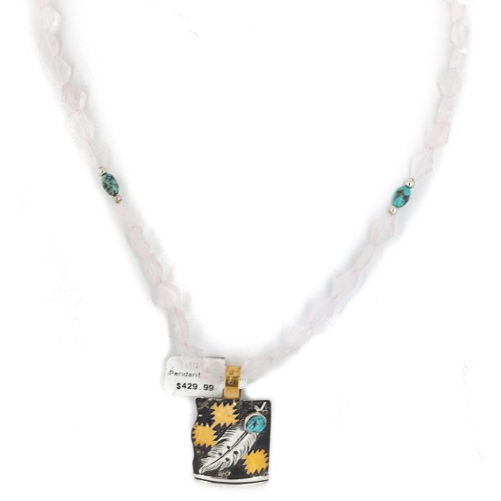 Feather 12kt Gold Filled and .925 Sterling Silver Handmade Certified Authentic Navajo Natural Turquoise Rose Quartz Native American Necklace 15036-4-15781 Feather 12kt Gold Filled and .925 Sterling Silver Handmade Certified Authentic Navajo Natural Turquoise Rose Quartz Native American Necklace 15036-4-15781