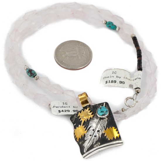 Feather 12kt Gold Filled and .925 Sterling Silver Handmade Certified Authentic Navajo Natural Turquoise Rose Quartz Native American Necklace 15036-4-15781 Feather 12kt Gold Filled and .925 Sterling Silver Handmade Certified Authentic Navajo Natural Turquoise Rose Quartz Native American Necklace 15036-4-15781