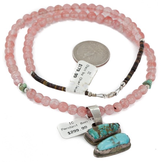 .925 Sterling Silver Certified Authentic Navajo Natural Turquoise Rose Quartz Native American Necklace 34041-10-15786 .925 Sterling Silver Certified Authentic Navajo Natural Turquoise Rose Quartz Native American Necklace 34041-10-15786