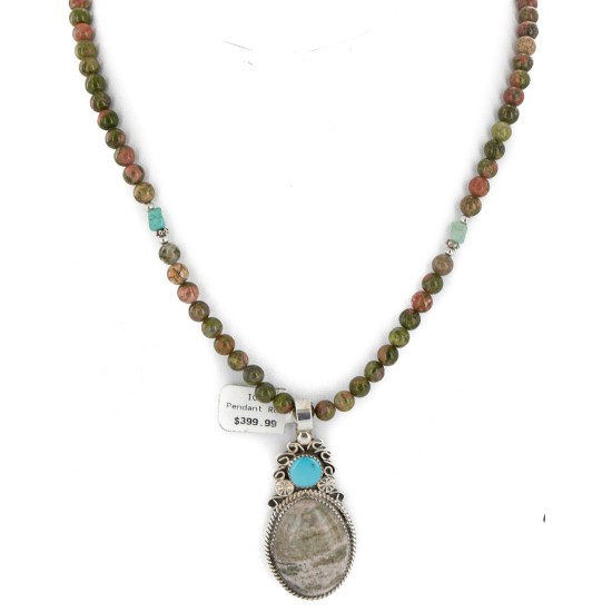 .925 Sterling Silver Handmade Certified Authentic Navajo Natural Jasper and Turquoise Native American Necklace 14747-8-102235