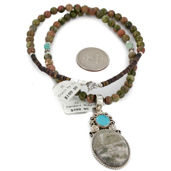 .925 Sterling Silver Handmade Certified Authentic Navajo Natural Jasper and Turquoise Native American Necklace 14747-8-102235