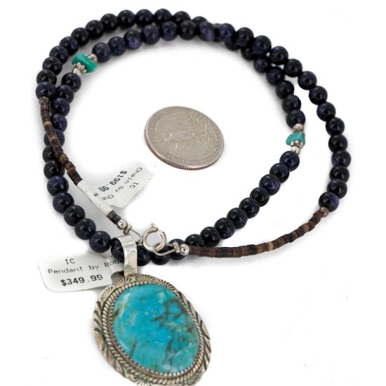 .925 Sterling Silver Handmade Certified Authentic Navajo Natural Purple Goldstone and Turquoise Native American Necklace 15033-15-15814-19