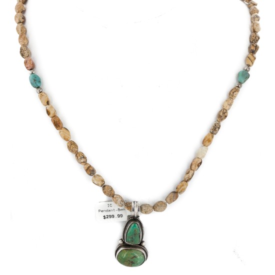 .925 Sterling Silver Certified Authentic Navajo Natural Turquoise and Jasper Native American Necklace 740104-13-15794
