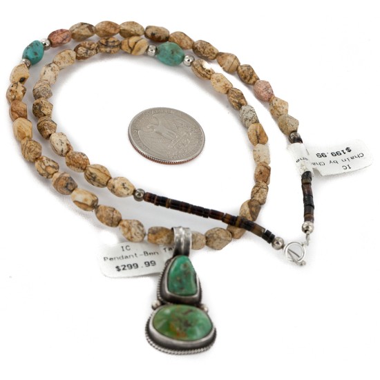 .925 Sterling Silver Certified Authentic Navajo Natural Turquoise and Jasper Native American Necklace 740104-13-15794