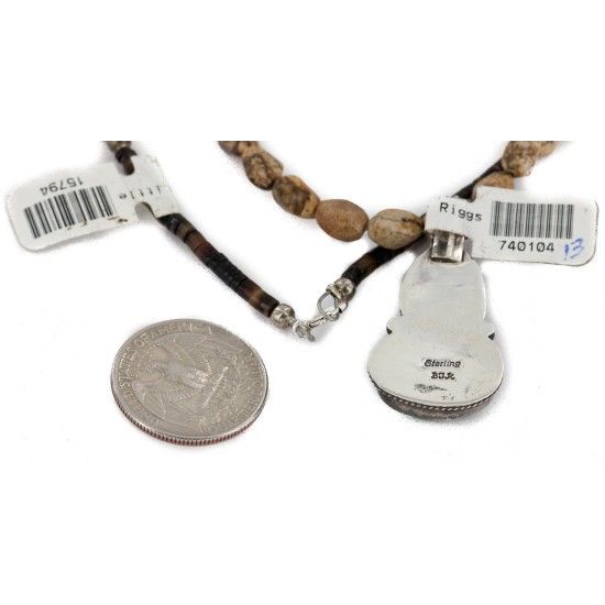 .925 Sterling Silver Certified Authentic Navajo Natural Turquoise and Jasper Native American Necklace 740104-13-15794