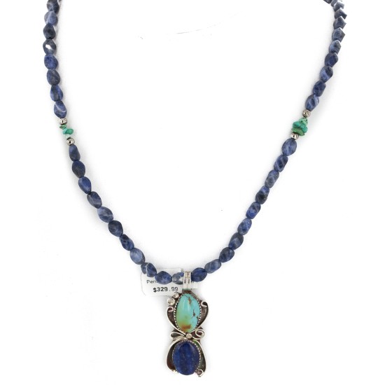 .925 Sterling Silver Handmade Certified Authentic Navajo Natural Turquoise and Lapis Native American Necklace 1489-5-10225